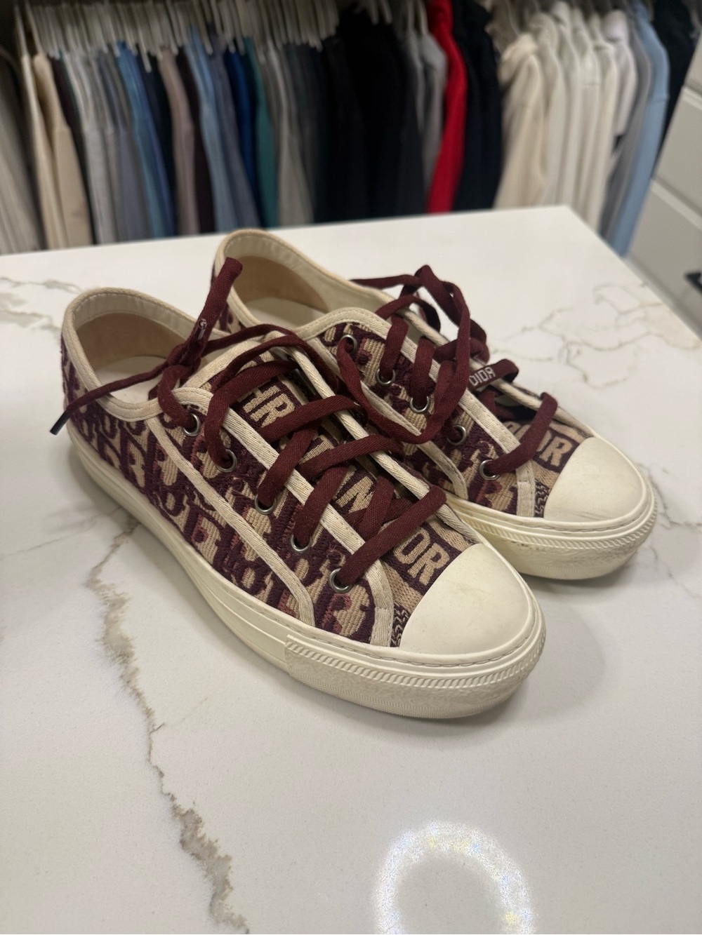 Dior walk n dior Burgundy and Cream Logo Canvas Low Top Sneakers